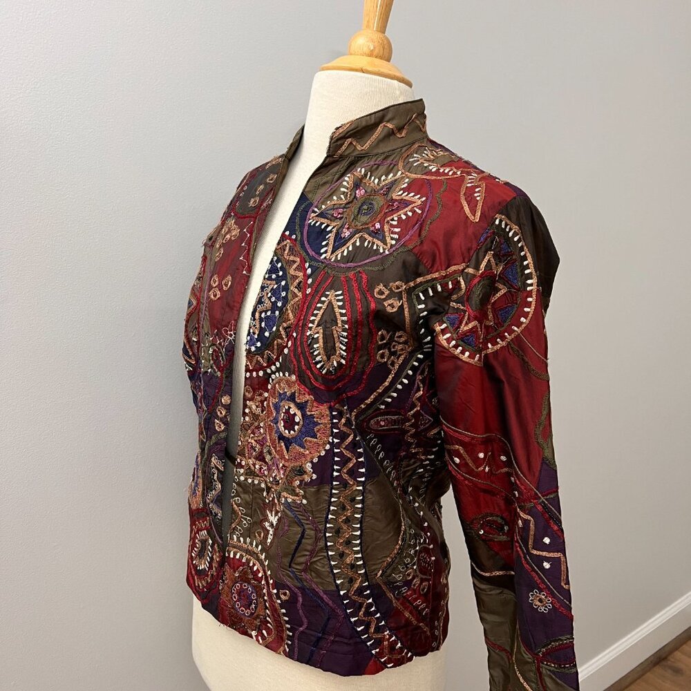 Chico's Jewel-Tone Silk Blend Patchwork Embroidered Jacket Sz XS - Picture 2 of 13